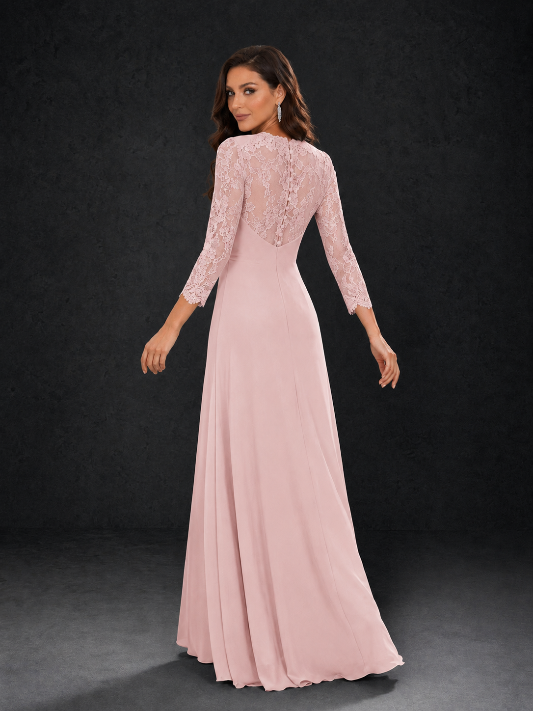 BOLODOO Blush Pink Lace Sleeve V-Neck Floral Waist Chiffon A-Line Maxi Dress - Blush Pink