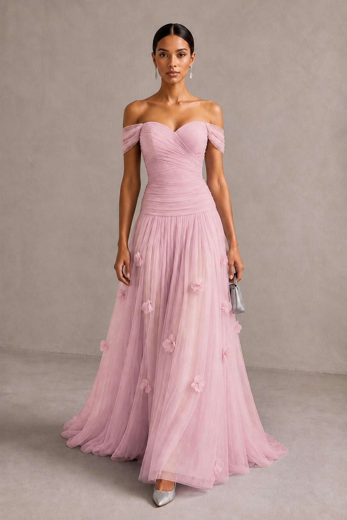 Blush Pink Off-Shoulder Sweetheart A-Line Tulle Gown with 3D Floral Appliques | BOLODOO - Blush Pink