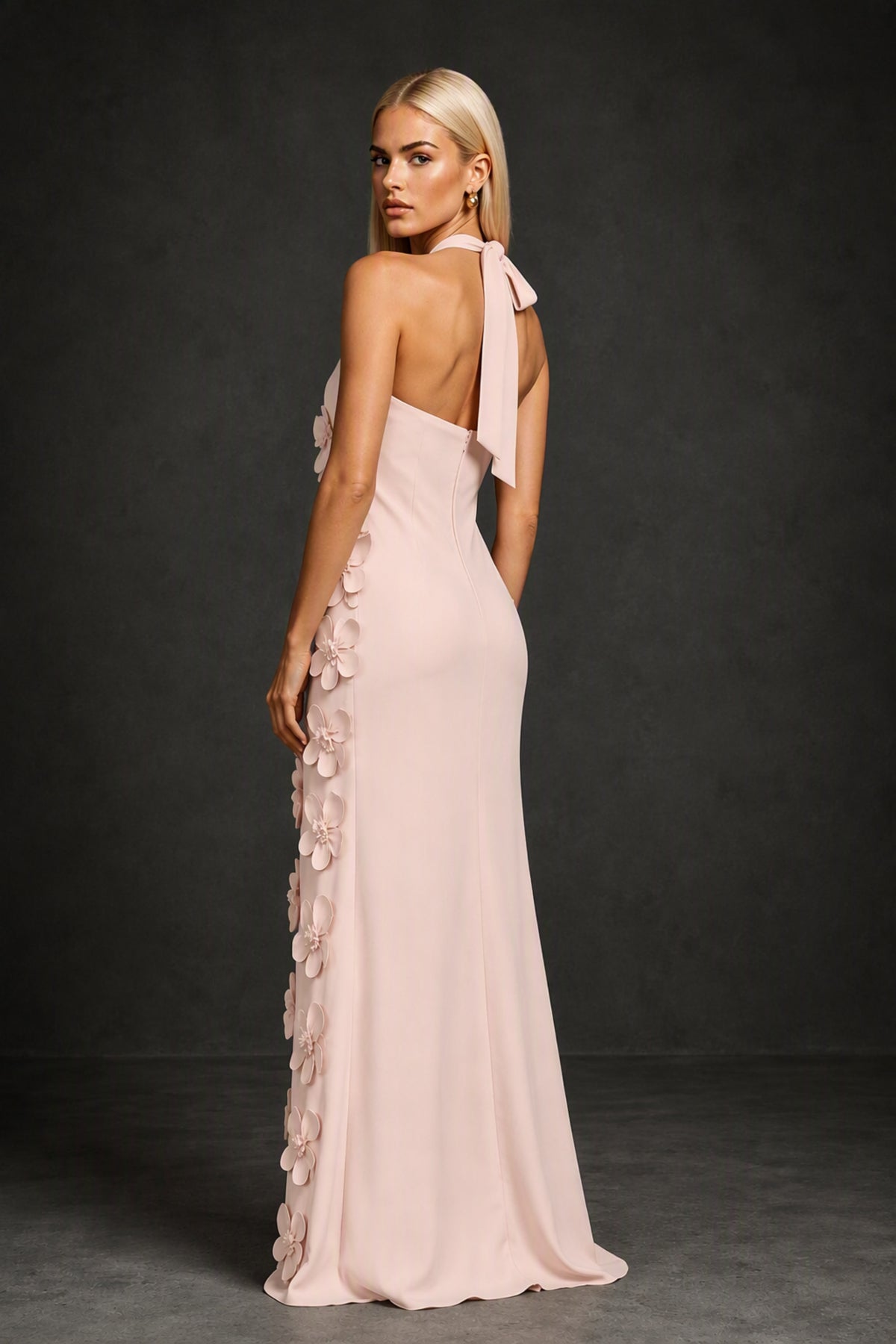BOLODOO Blush Pink Cross Halter Neck 3D Floral Appliqué Backless Mermaid Maxi Gown - Blush Pink
