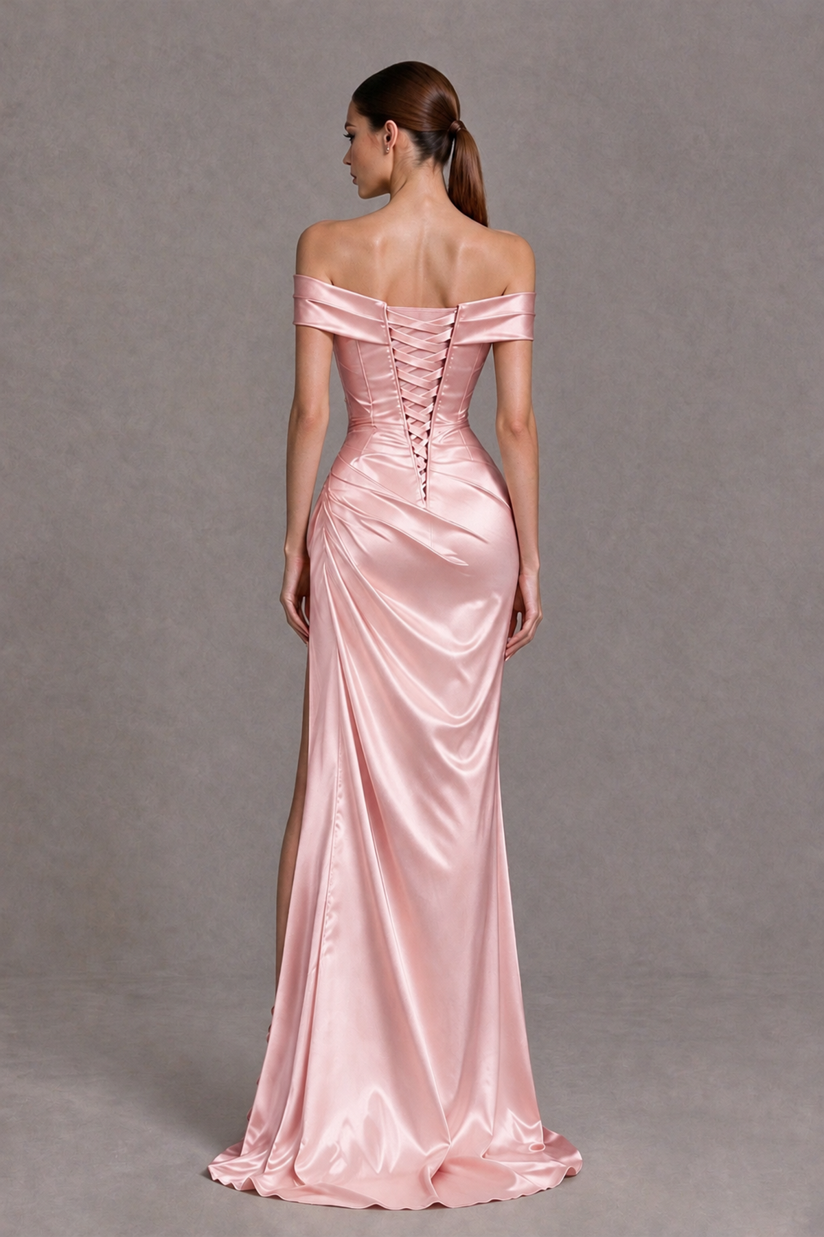 BOLODOO Blush Pink Off-the-Shoulder Ruched Satin Prom & Evening Dress with High Slit - Blush Pink - Blush Pink_2
