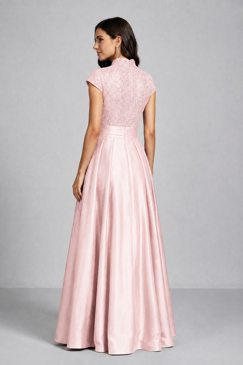 BOLODOO Blush Pink Sequin Embroidered High Neck Cap Sleeve A-Line Ball Gown – Formal Evening Dress - Blush Pink