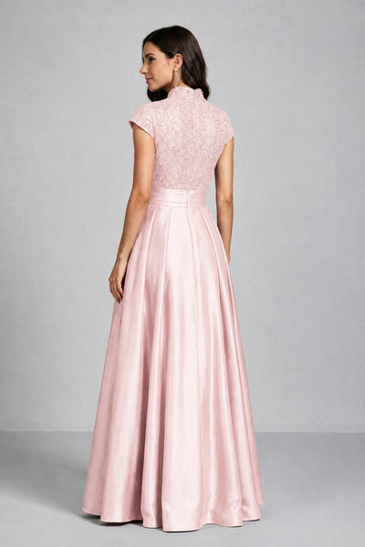 BOLODOO Blush Pink Sequin Embroidered High Neck Cap Sleeve A-Line Ball Gown – Formal Evening Dress - Blush Pink