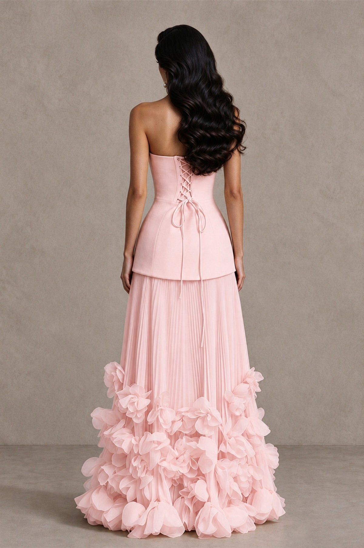 BOLODOO Blush Pink Strapless Pleated Floral Hem Evening Gown - Blush Pink - Blush Pink_2