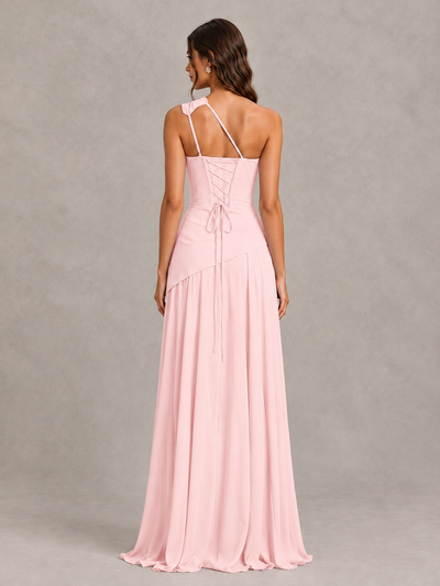 BOLODOO Blush Pink One-Shoulder Lace-Up Back Bridesmaid Dress - Blush Pink - Blush Pink_2