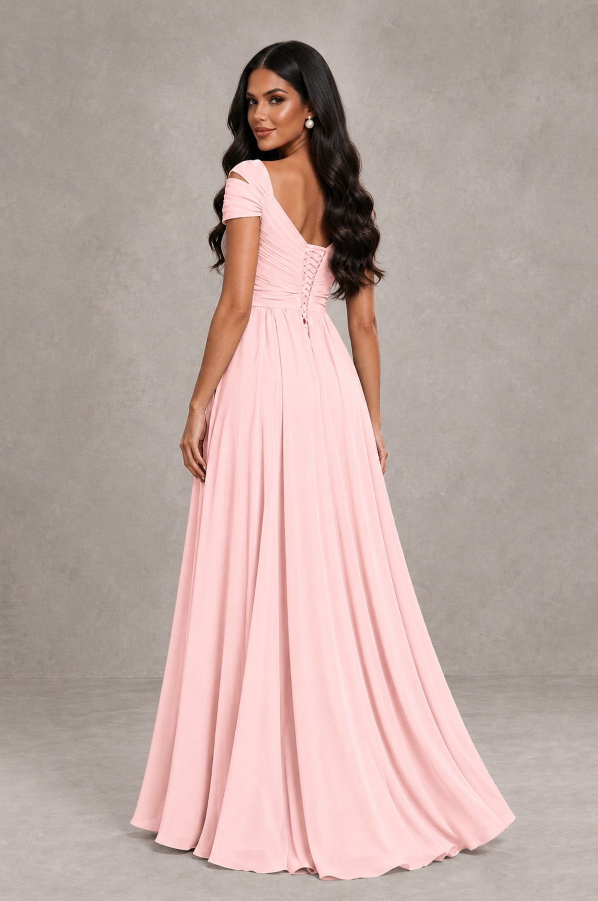 BOLODOO Blush Pink Cold Shoulder Chiffon Evening Dress with V Neck and High Slit - Blush Pink - Blush Pink_2