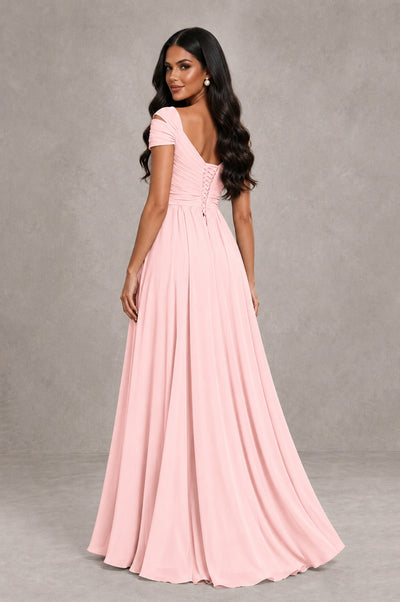 BOLODOO Blush Pink Cold Shoulder Chiffon Evening Dress with V Neck and High Slit - Blush Pink - Blush Pink_2