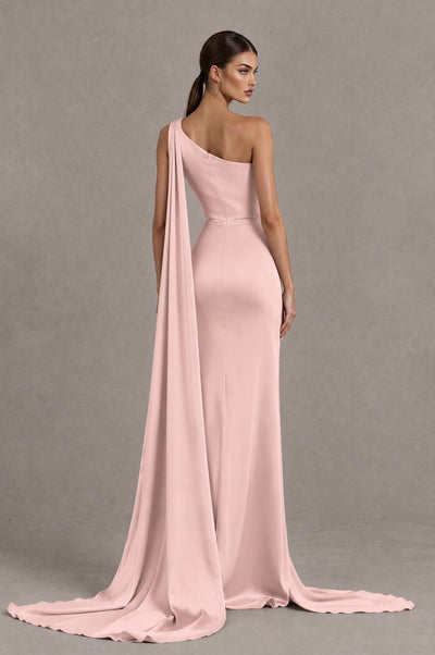BOLODOO Blush Pink One Shoulder Satin Evening Dress with High Slit and Draped Cape Train - Blush Pink - Blush Pink_2