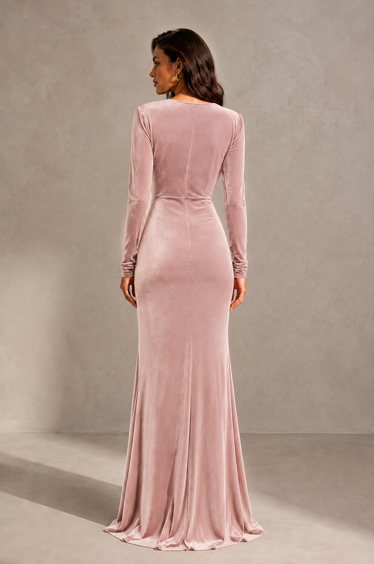 BOLODOO Blush Pink Velvet Long Sleeve V-Neck Ruched Evening Gown - Blush Pink
