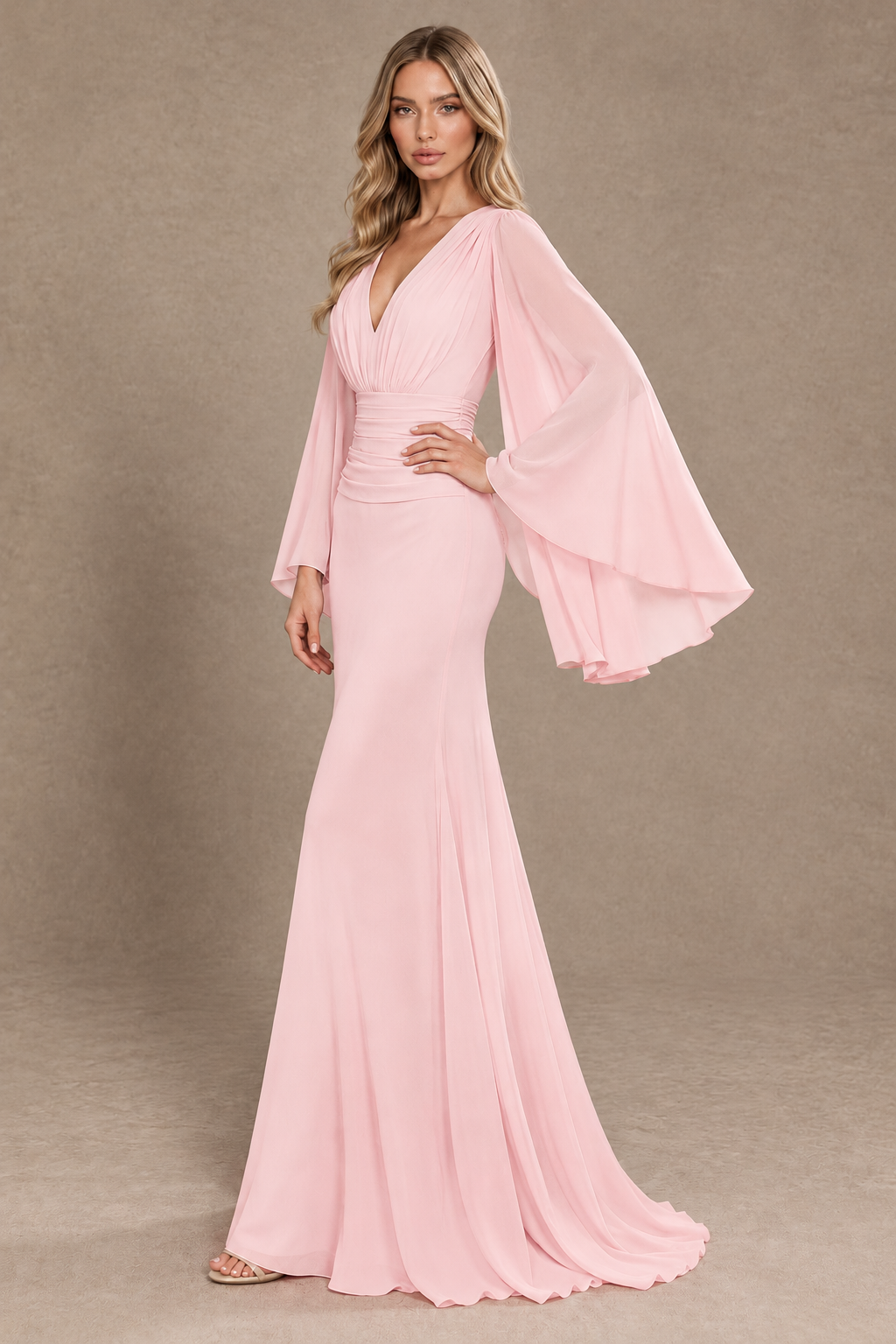 BOLODOO Blush Pink Cape Sleeve V-Neck Ruched Chiffon Evening Dress - Blush Pink - Blush_Pink_2