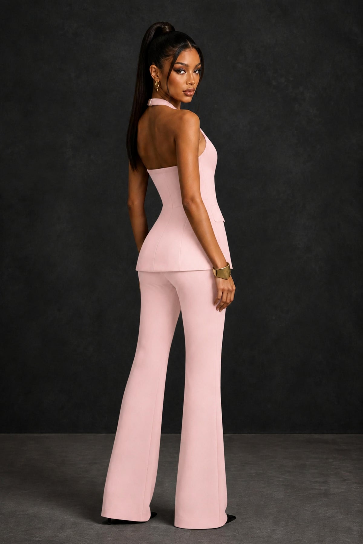 BOLODOO Blush Pink Halter Neck Deep V Open Back– Formal Suit with Wide-Leg Pants - Blush Pink