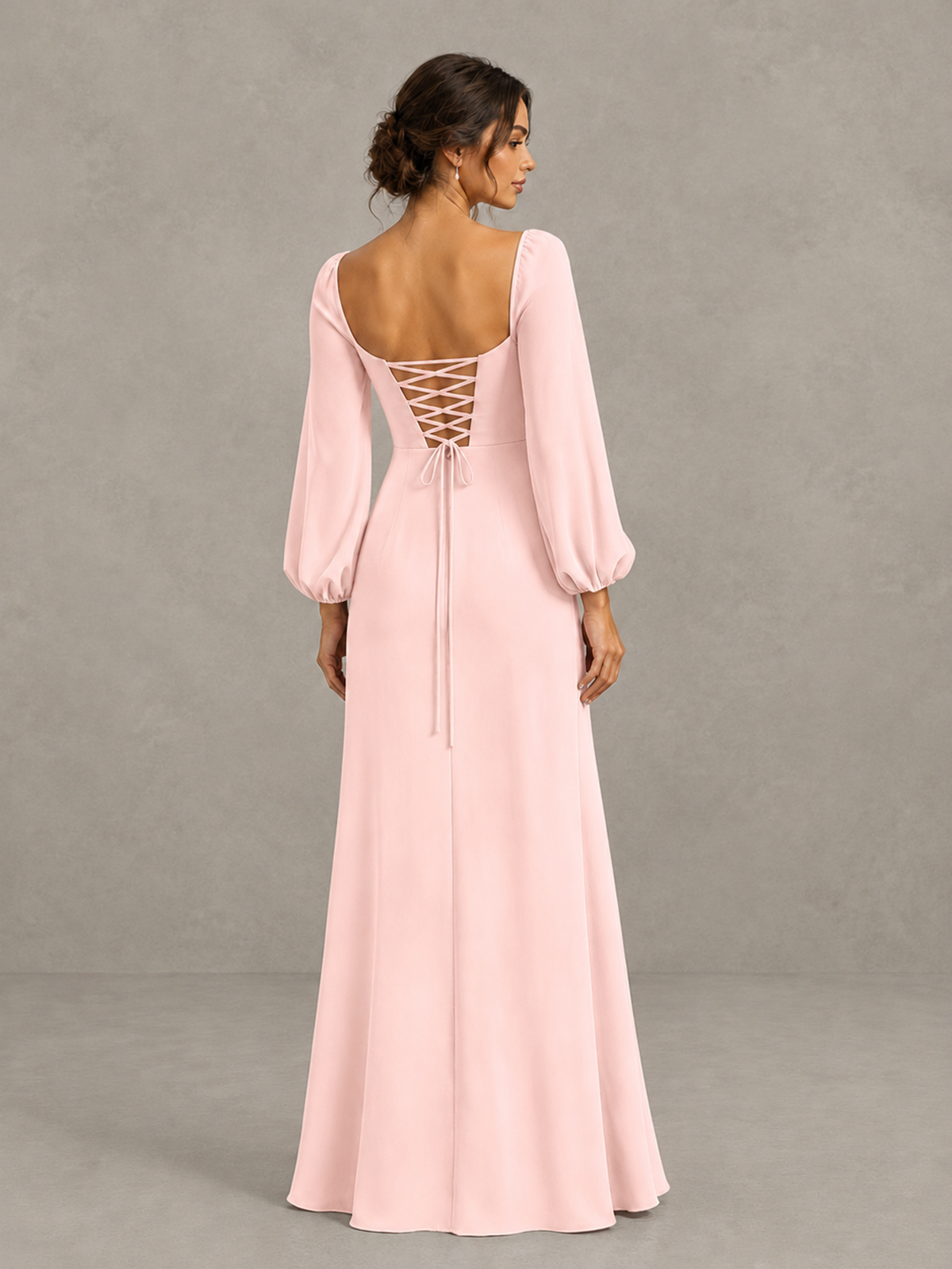 BOLODOO Blush Pink Square Neck Long Sleeve Bridesmaid Dress with High Slit - Blush Pink - Blush Pink_2