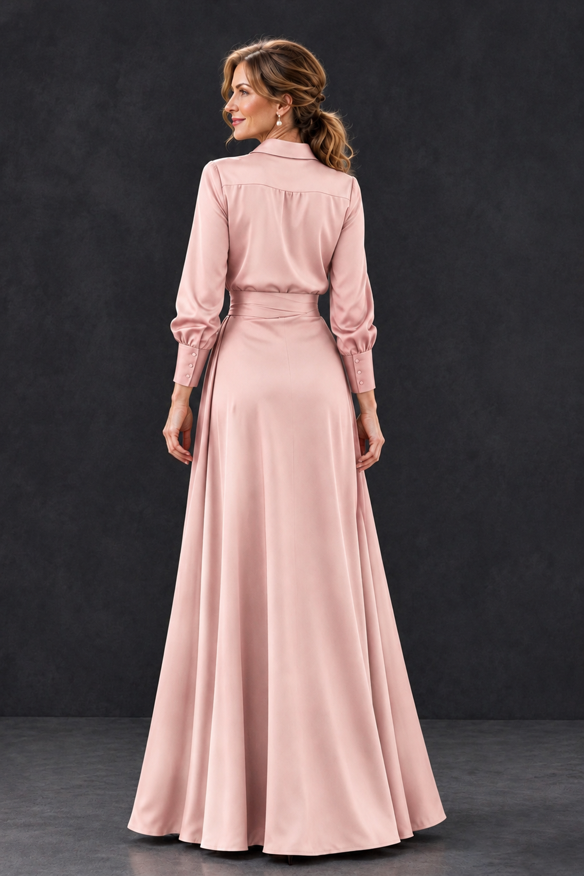 BOLODOO Blush Pink Long Sleeve Satin-Look Lace Panel Gown - Blush Pink - Blush Pink_2