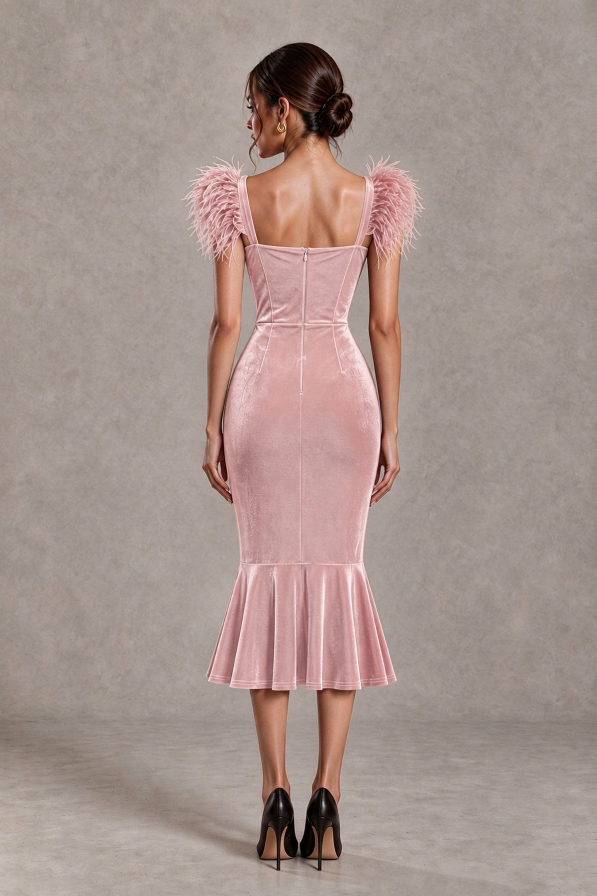 BOLODOO Blush Pink Feather-Trim Velvet-Look Mermaid Midi Dress - Blush Pink - Blush Pink_2