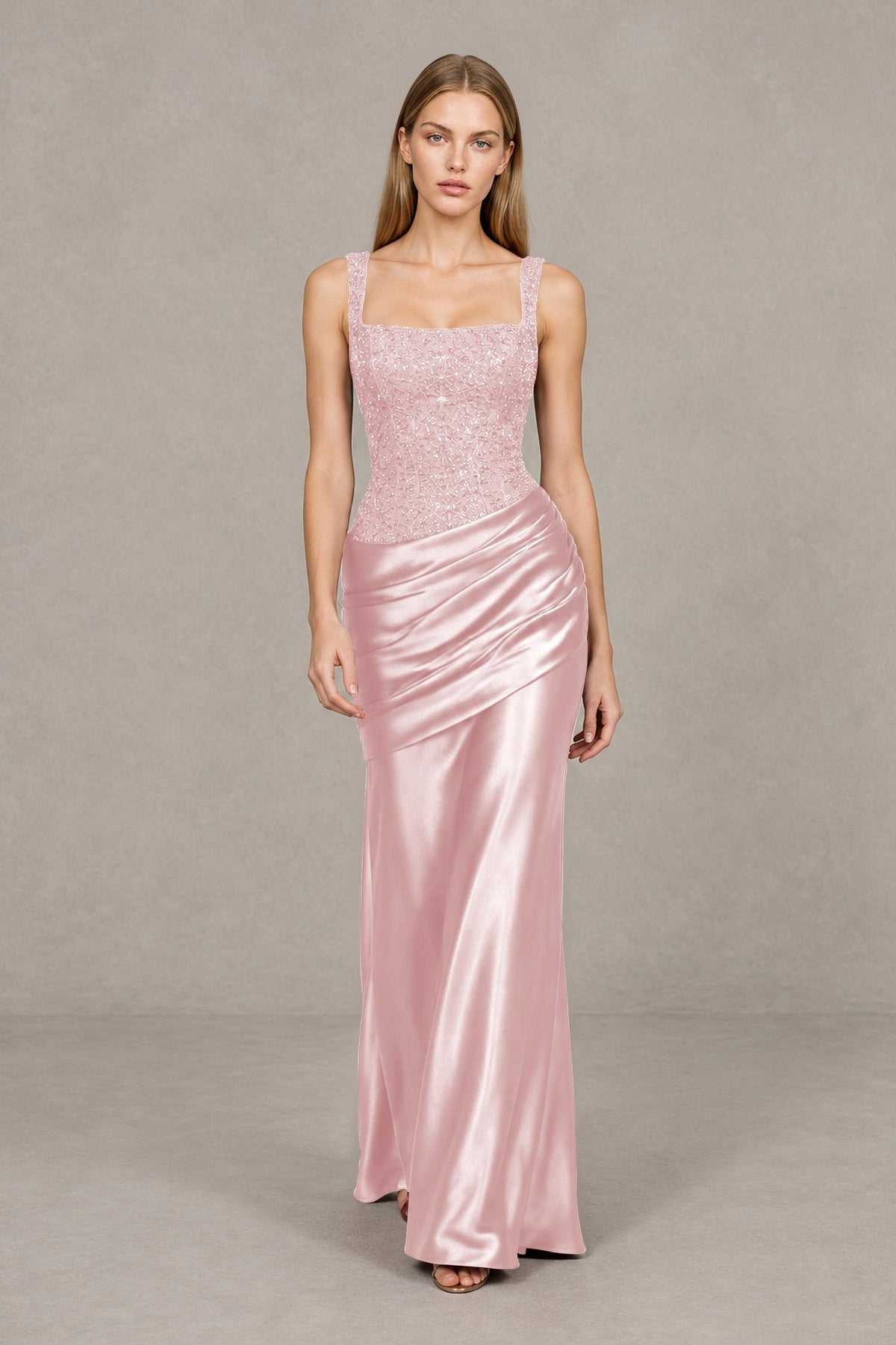 BOLODOO Blush Pink Square Neck Embellished Satin Evening Gown - Blush Pink