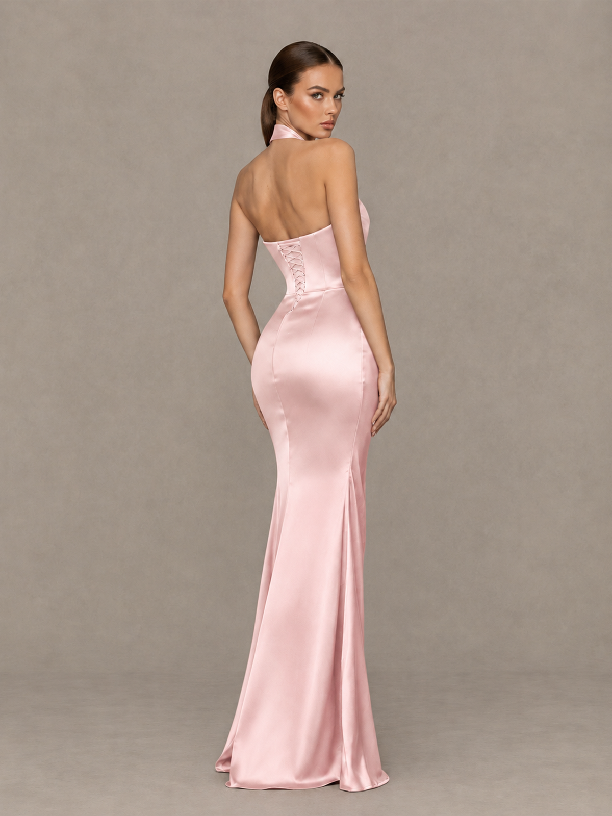 BOLODOO Blush Pink Cross-Halter Ruched Satin-Look Evening Gown with High Slit - Blush Pink - Blush Pink_2