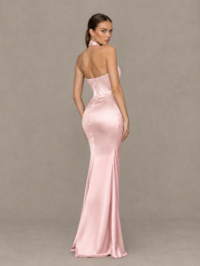 BOLODOO Blush Pink Cross-Halter Ruched Satin-Look Evening Gown with High Slit - Blush Pink - Blush Pink_2