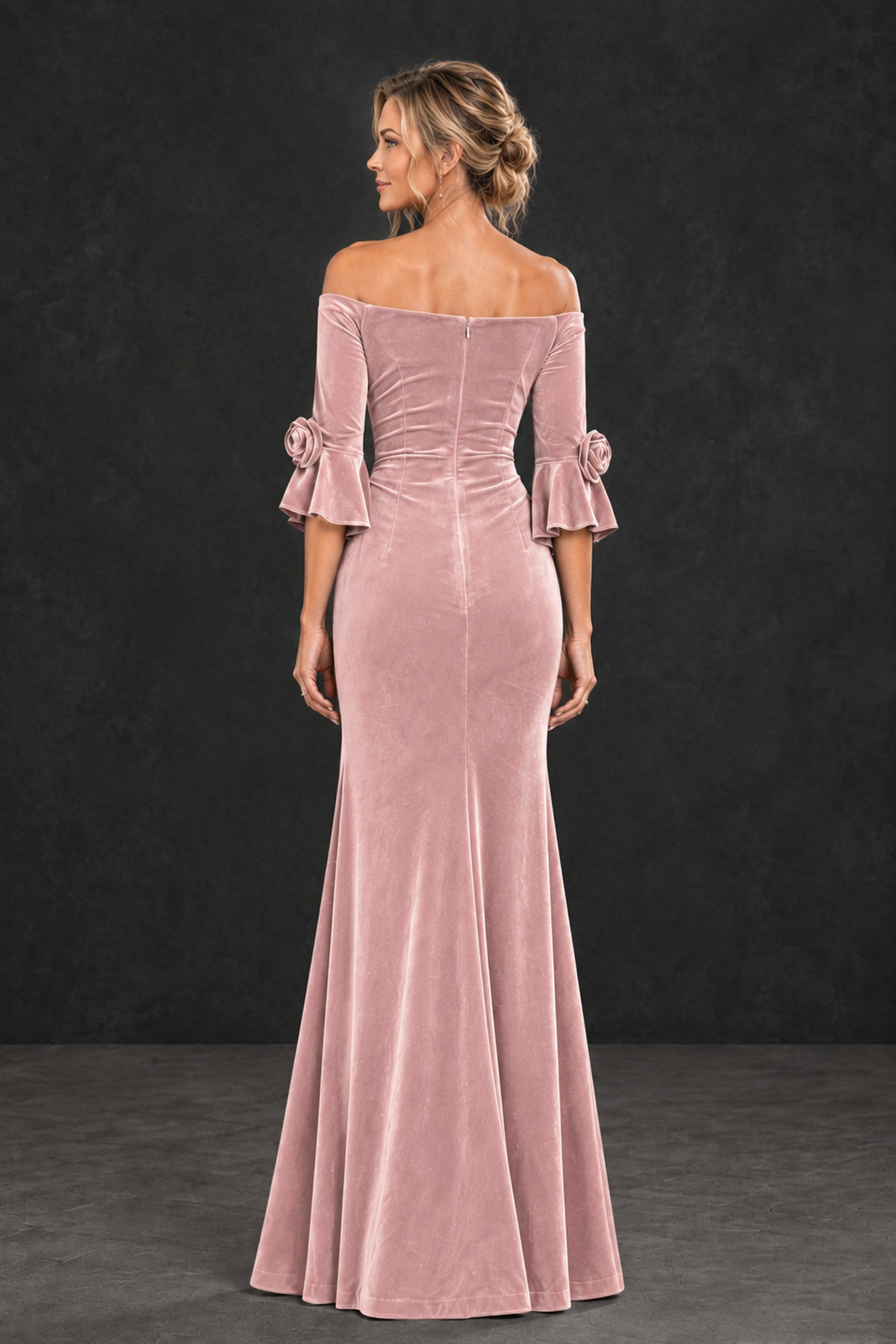 BOLODOO Blush Pink Velvet Off-Shoulder Mother of the Bride Dress – 3/4 Floral Cuff Sleeve Mermaid Evening Gown - Blush Pink - Blush Pink_2