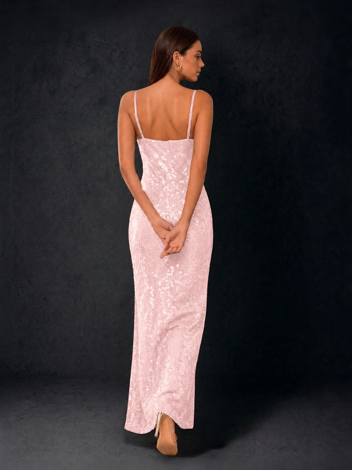 BOLODOO Bronze Sequin Cowl Neck Spaghetti Strap Mermaid Maxi Dress with Open Criss-Cross Back - Blush Pink - Blush Pink