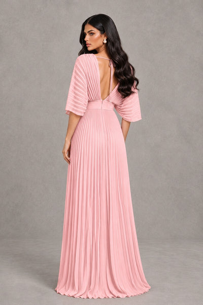 BOLODOO Blush Pink V-Neck Pleated Flutter Sleeve Formal Dress - Blush Pink - Blush Pink_2