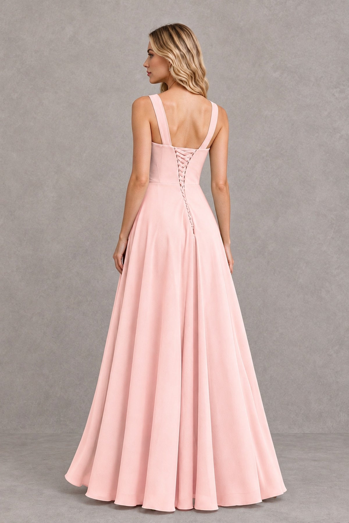 BOLODOO Blush Pink Square Neck Ruffle A-Line Bridesmaid Dress with Slit - Blush Pink - Blush Pink_2