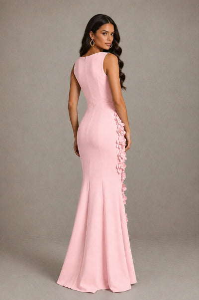 BOLODOO Blush Pink Bateau Neck Sleeveless Asymmetric Peplum 3D Petal Appliqué Mermaid Gown BD0421 - Blush Pink - Blush Pink_2
