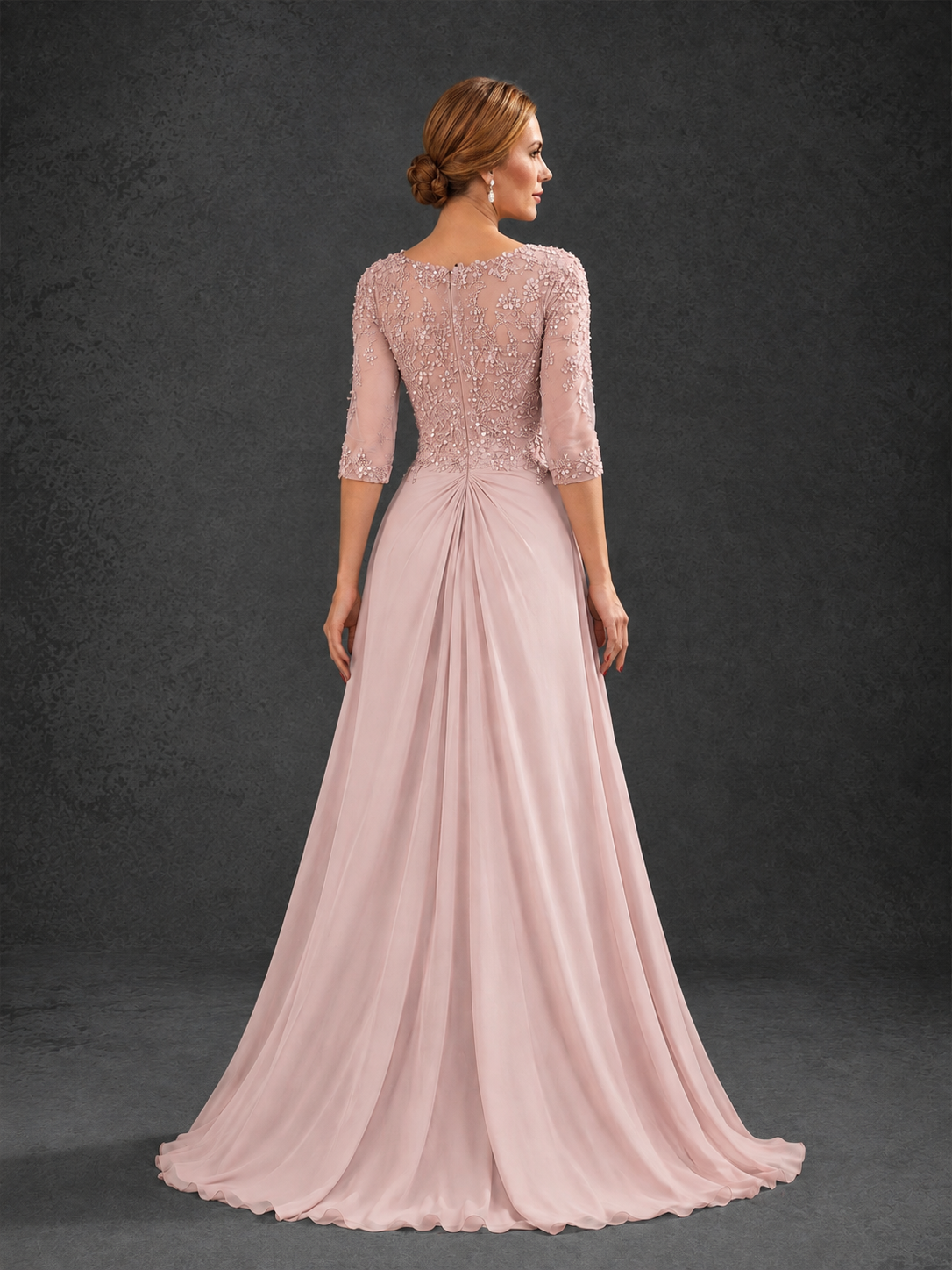 BOLODOO Blush Pink Sweetheart Neck 3/4 Sleeve Floral Lace Illusion Bodice Chiffon A-Line Gown - Blush Pink