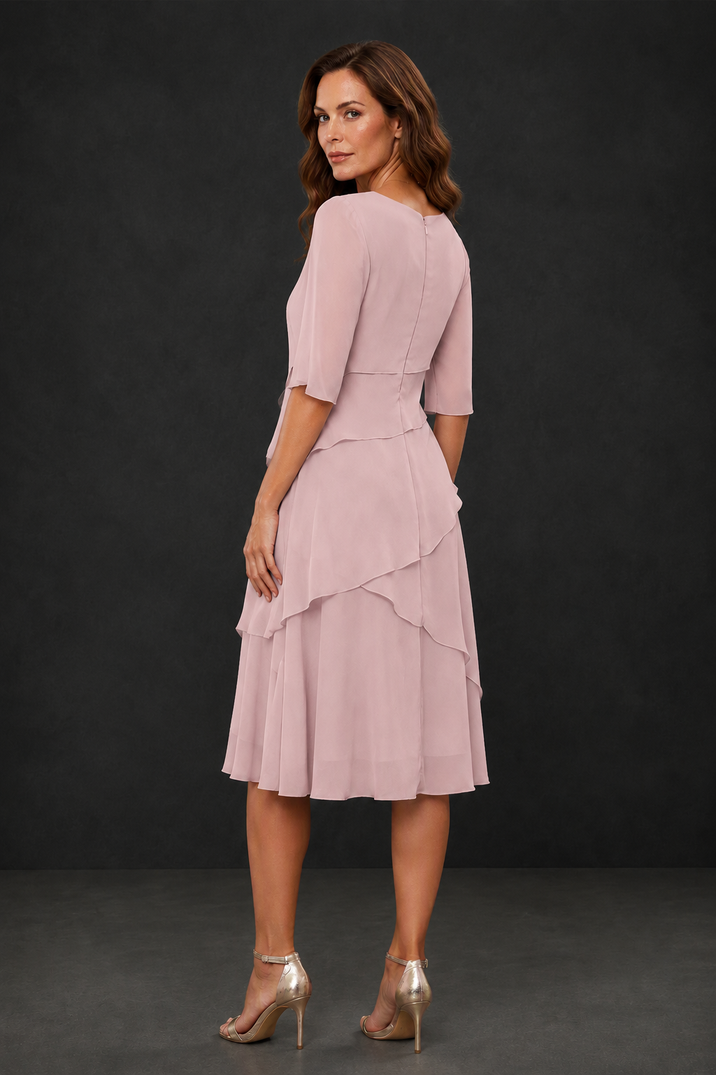 BOLODOO Blush Pink Chiffon 3/4 Sleeve Asymmetric Tiered Tea Length Dress | Mother of the Bride Midi Dress - Blush Pink