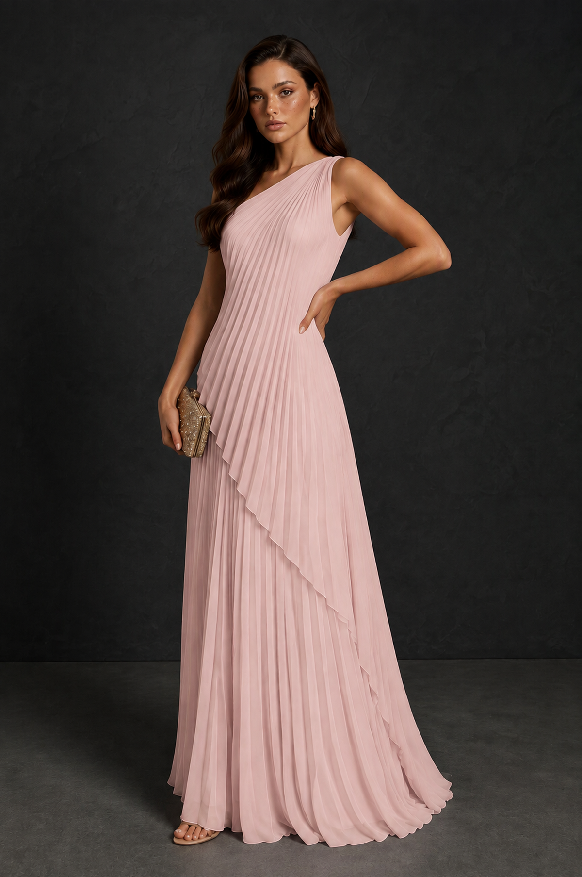 BOLODOO Blush Pink One-Shoulder Sunburst Pleated Asymmetric Layered Overlay Accordion Pleated Chiffon Maxi Dress - Blush Pink