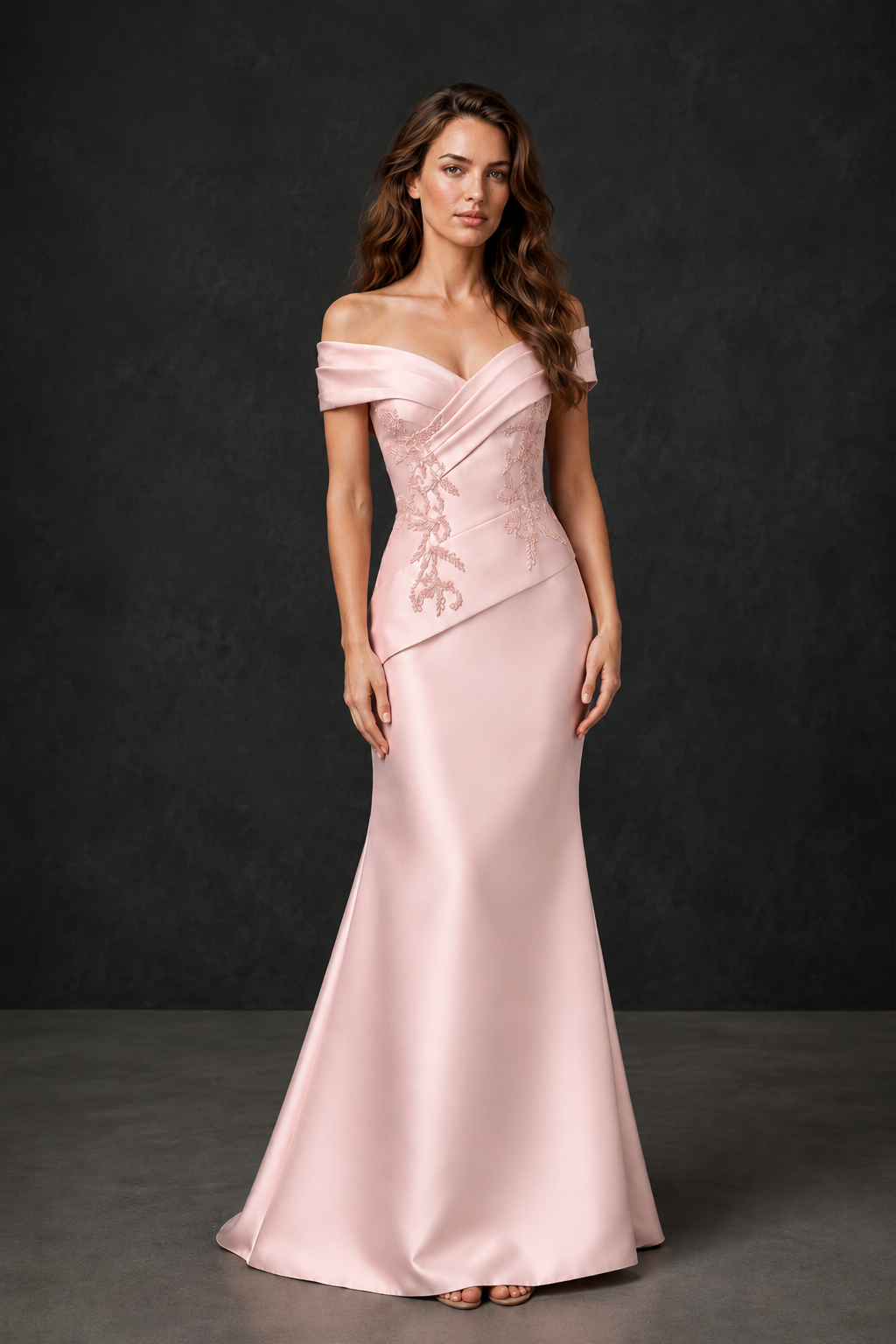 BOLODOO Blush Pink Satin Off-Shoulder Sweetheart Asymmetric Peplum Mermaid Gown with Blush Pink Floral Embroidery | MOB Evening Dress - Blush Pink