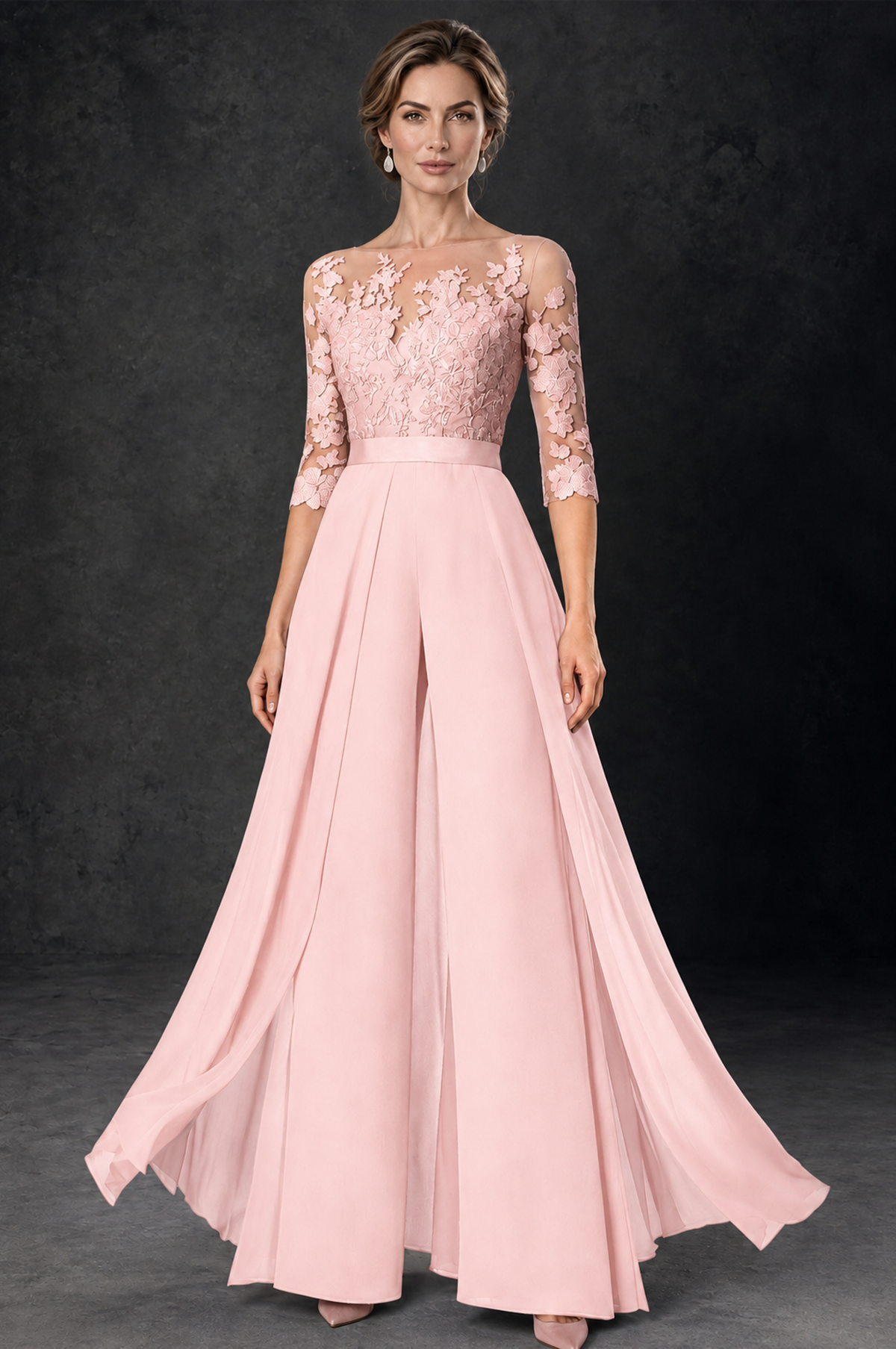 BOLODOO Blush Pink Lace Wide-Leg Jumpsuit with Three-Quarter Sleeves - Blush Pink - Blush_Pink_2