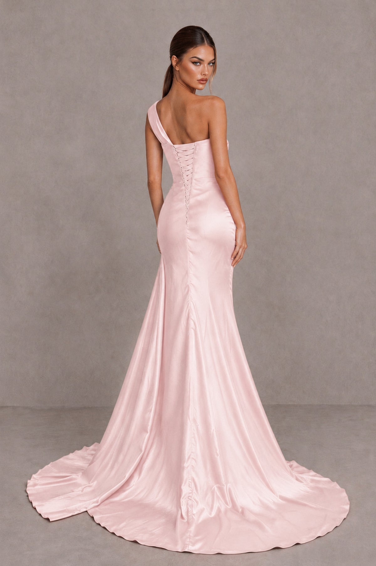 BOLODOO Blush Pink One Shoulder Satin Mermaid Evening Dress with Ruched Slit Skirt - Blush Pink - Blush Pink_2