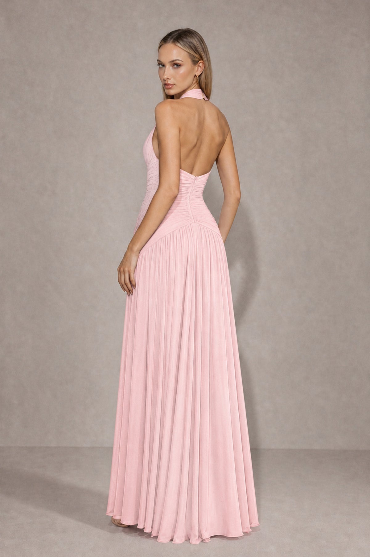 BOLODOO Blush Pink Chiffon Halter Deep V-Neck Ruched A-Line Backless Maxi Dress with Train-BD0167 - Blush Pink - Blush Pink_2