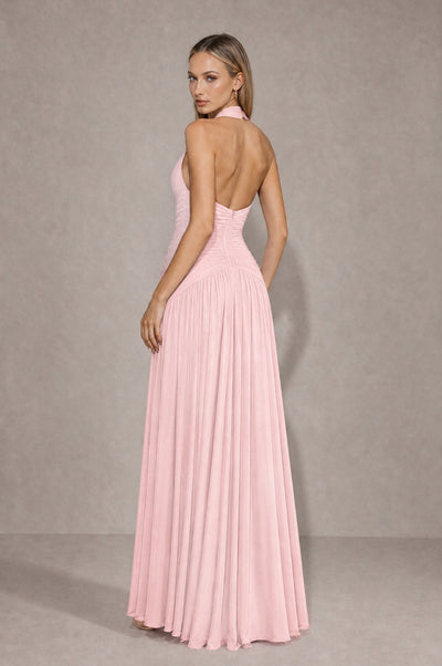 BOLODOO Blush Pink Chiffon Halter Deep V-Neck Ruched A-Line Backless Maxi Dress with Train-BD0167 - Blush Pink - Blush Pink_2