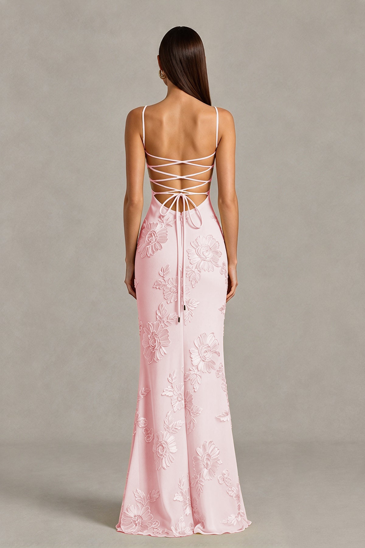 BOLODOO Blush Pink Floral Lace-Up Back Mermaid Maxi Dress - Blush Pink