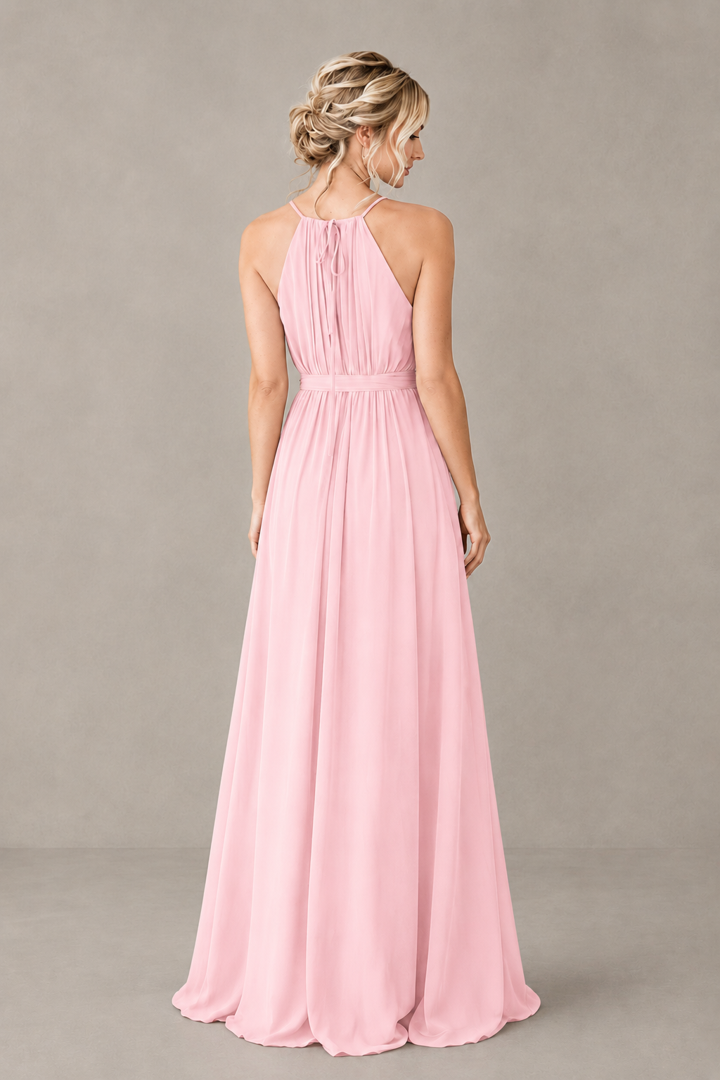 BOLODOO Blush Pink Halter Chiffon Bridesmaid Dress with High Slit - Blush Pink