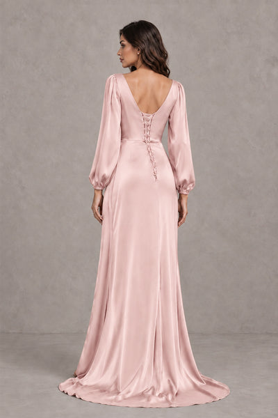 BOLODOO Blush Pink Satin-Look Long Sleeve Evening Dress with High Slit - Blush Pink - Blush Pink_2