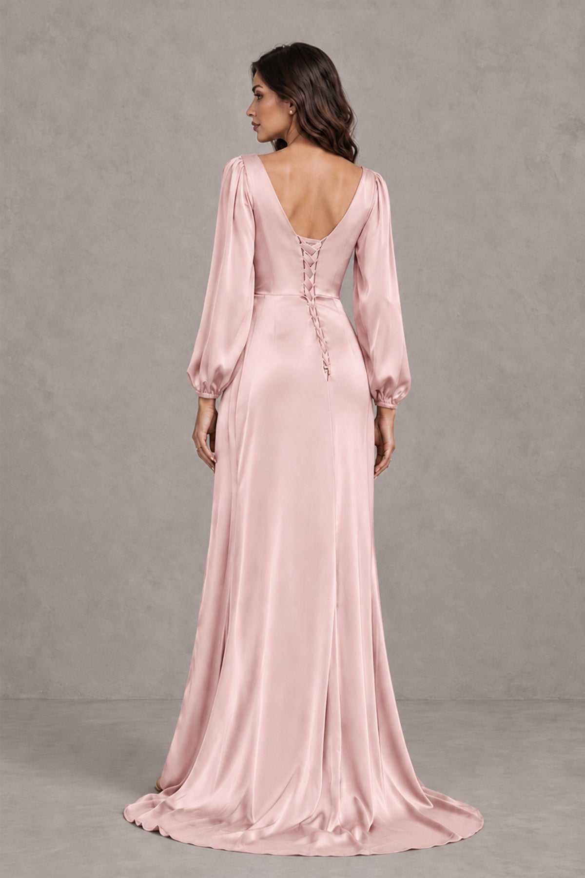 BOLODOO Blush Pink Satin-Look Long Sleeve Evening Dress with High Slit - Blush Pink - Blush Pink_2