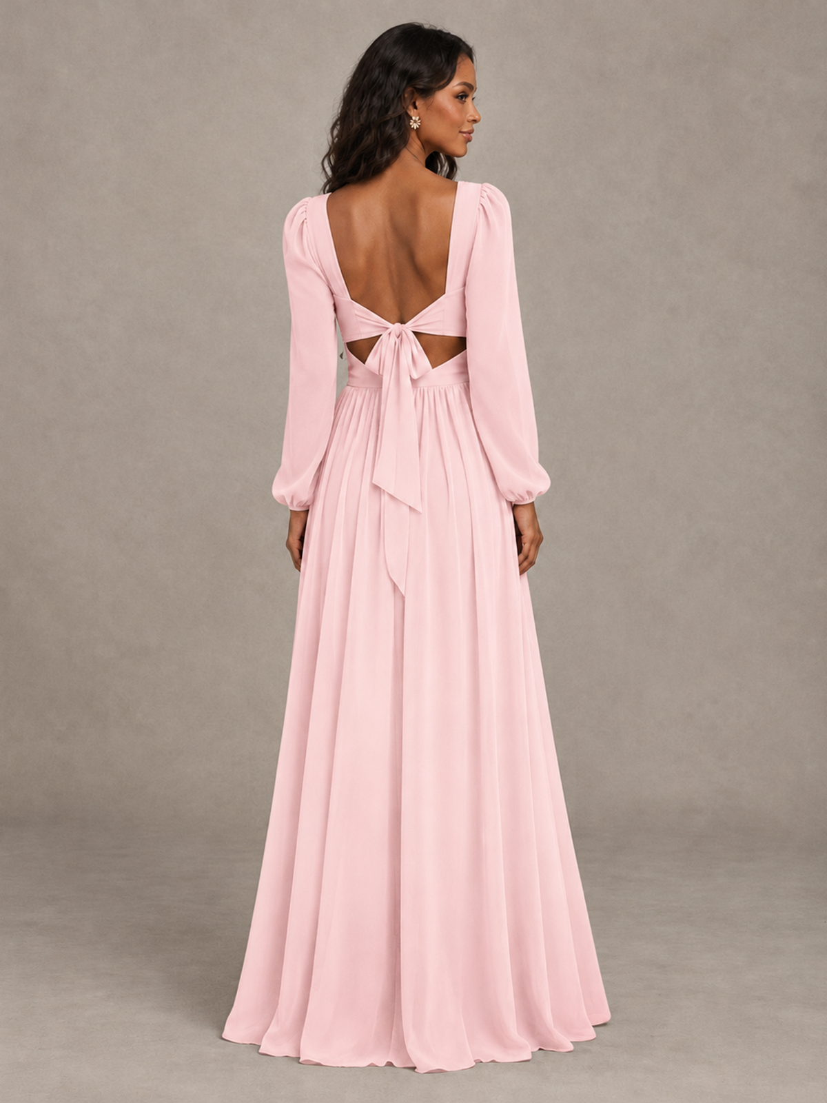 BOLODOO Blush Pink V-Neck Long Sleeve Bridesmaid Dress with Tie Back and Slit - Blush Pink - Blush Pink_2