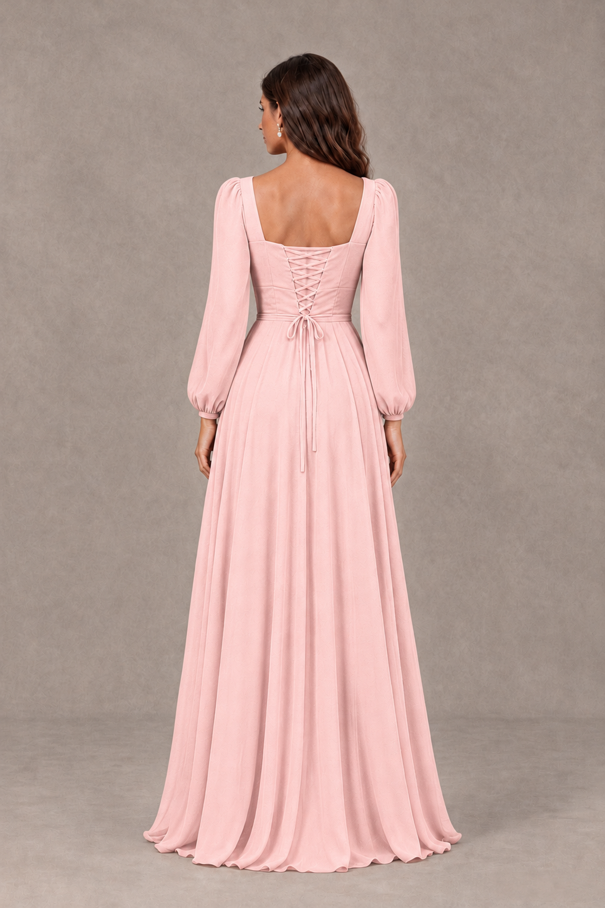 BOLODOO Blush Pink Square Neck Long Sleeve A-Line Bridesmaid Dress - Blush Pink - Blush Pink_2