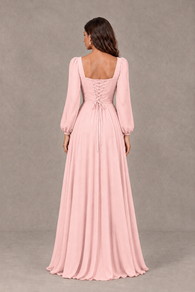 BOLODOO Blush Pink Square Neck Long Sleeve A-Line Bridesmaid Dress - Blush Pink - Blush Pink_2