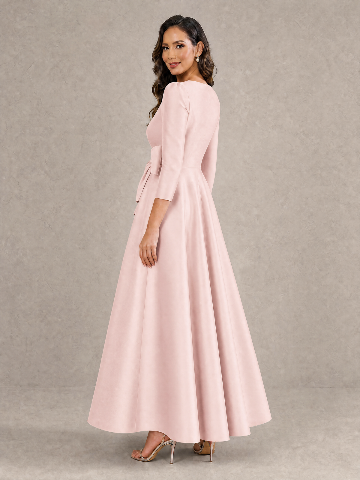 BOLODOO Blush Pink Satin Deep V-Neck Wrap 3/4 Puff Sleeve A-Line Ball Gown Maxi Dress with Oversized Bow Belt - Blush Pink