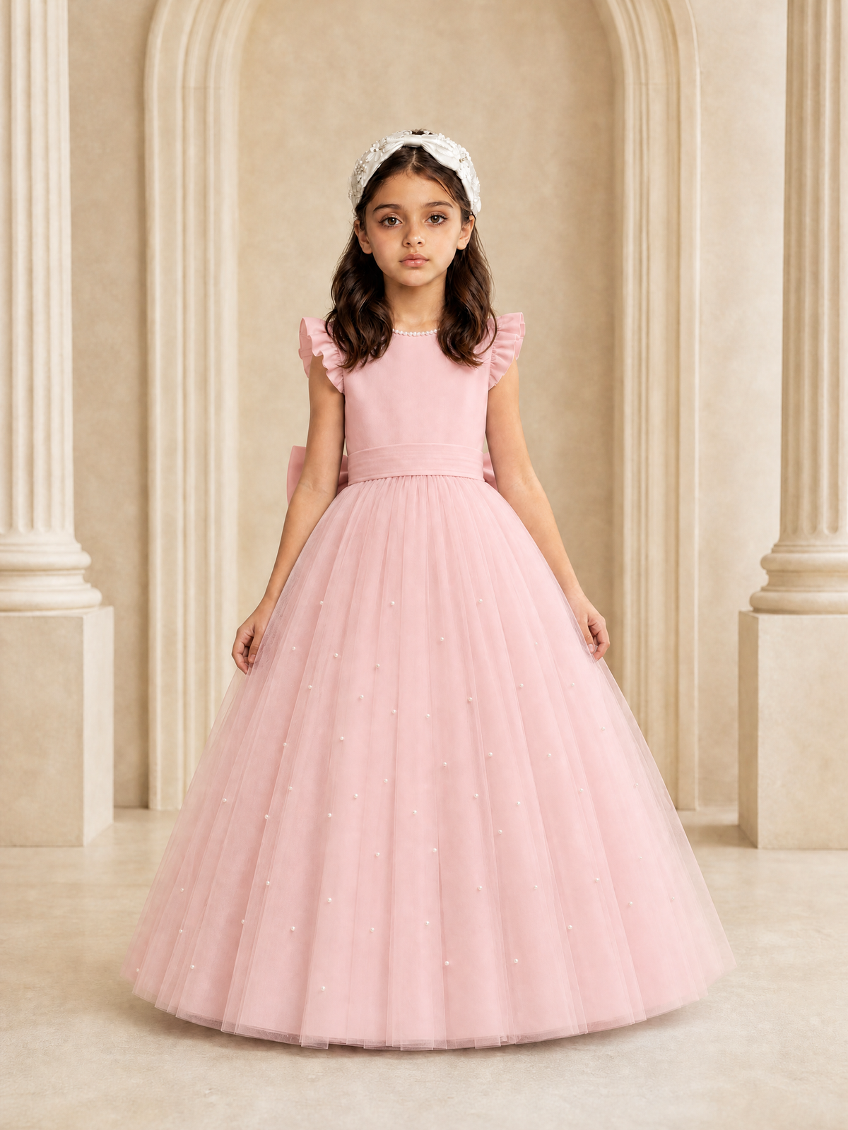 BOLODOO Blush Pink Tulle Flower Girl Dress with Ruffle Sleeves & Bow Back - Blush Pink - Blush_Pink_2