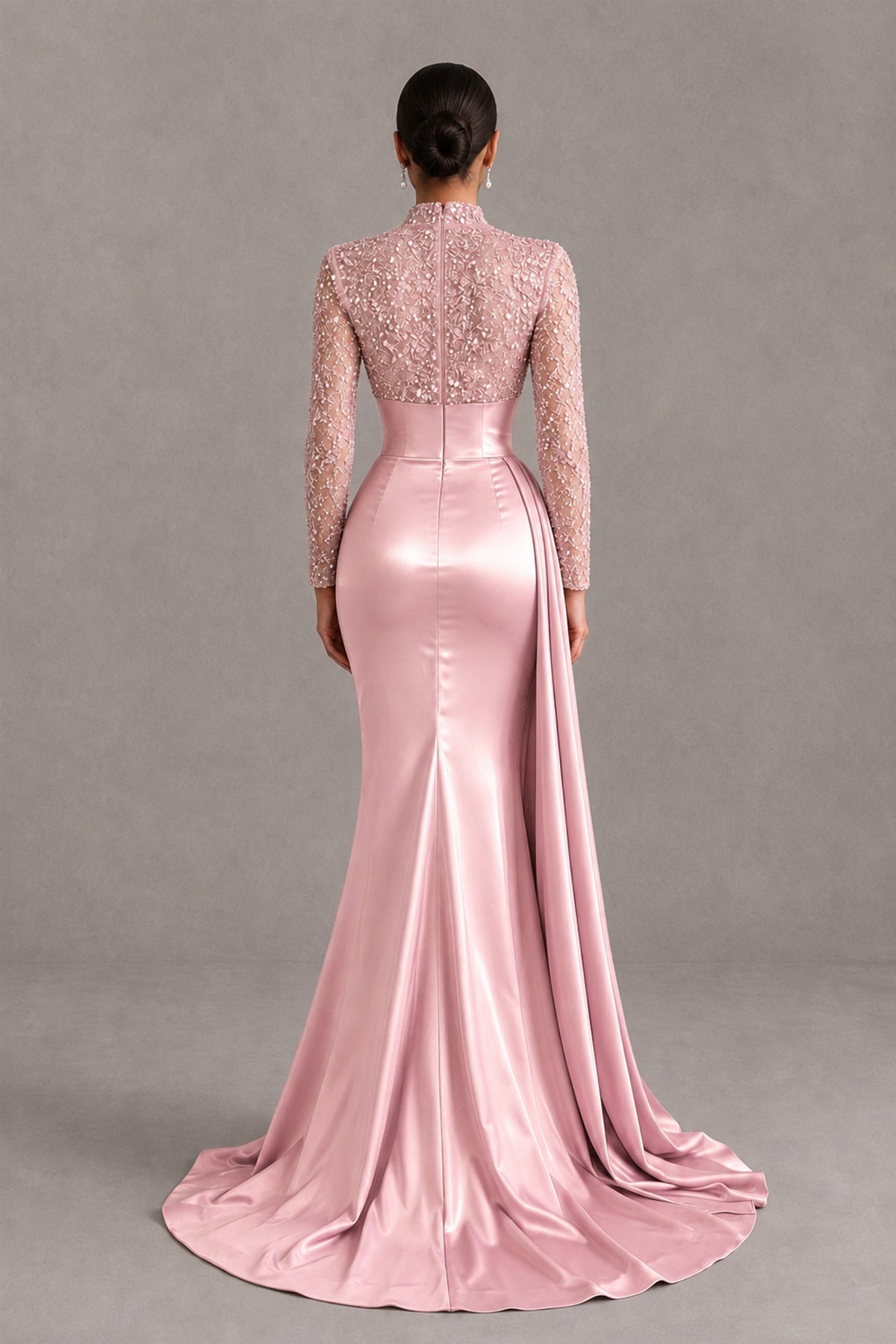 BOLODOO Blush Pink Long Sleeve Embellished Satin Mermaid Evening Gown - Blush Pink - Blush Pink_2