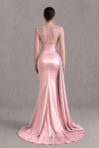 BOLODOO Blush Pink Long Sleeve Embellished Satin Mermaid Evening Gown - Blush Pink - Blush Pink_2