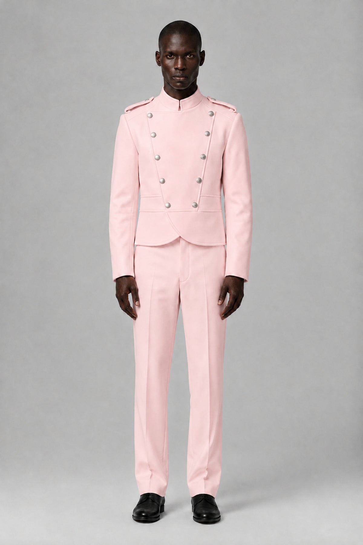 Bolodoo Men's Blush Pink Military-Inspired Two-Piece Suit with Stand Collar - Blush Pink - Blush Pink_2