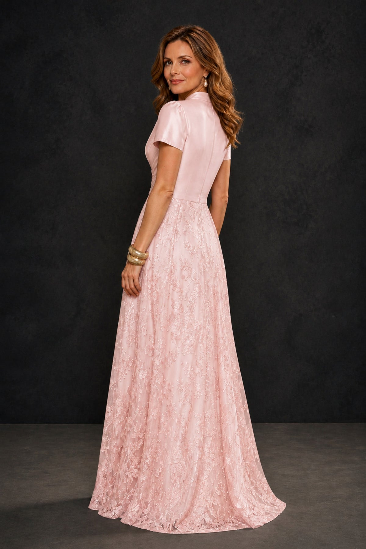 BOLODOO Blush Pink Satin Wrap V-Neck Short Sleeve Lace Glitter A-Line Floor Length Evening Gown – Formal Dress - Blush Pink