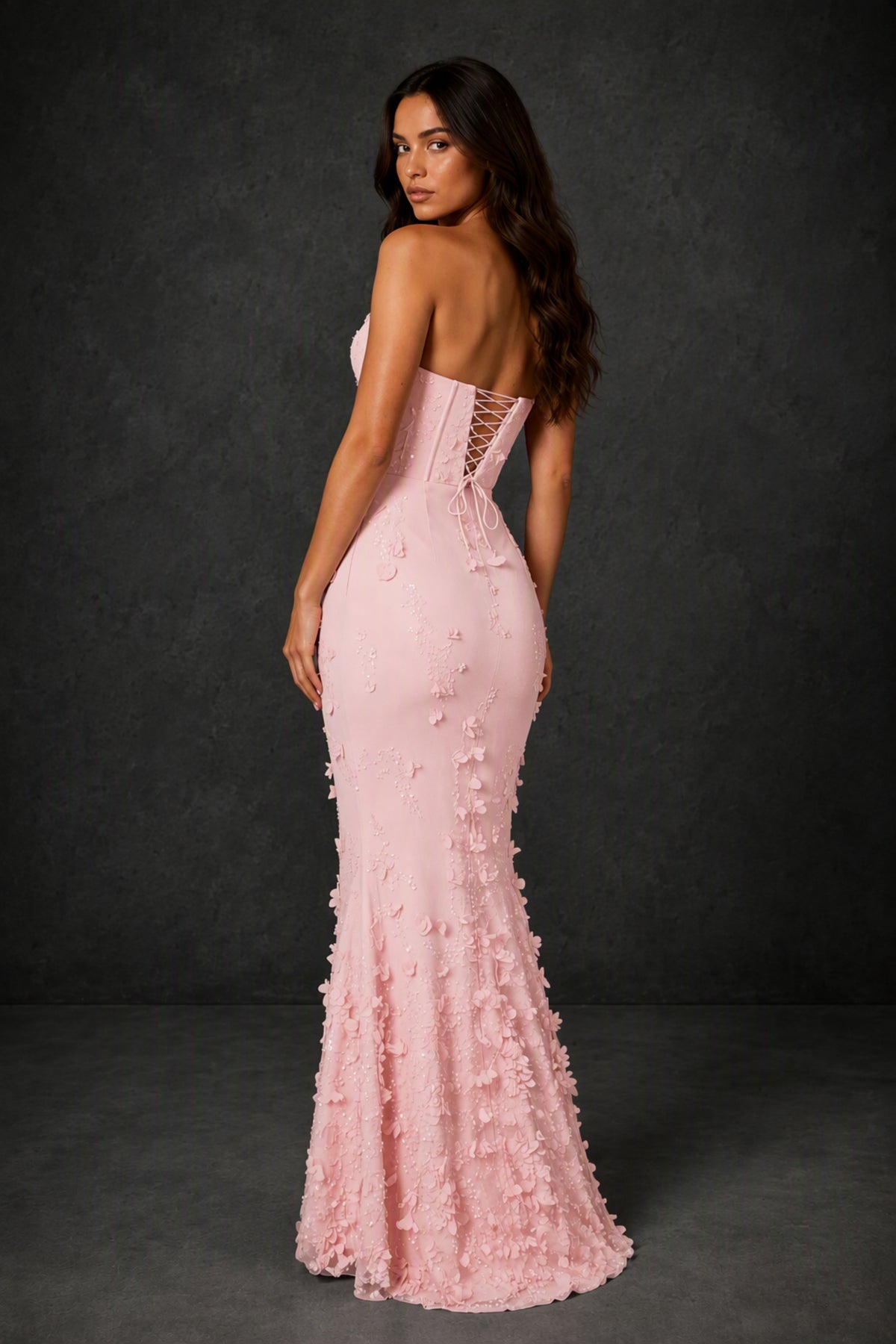 BOLODOO Blush Pink 3D Floral Sequin Corset Strapless Mermaid Gown - Blush Pink