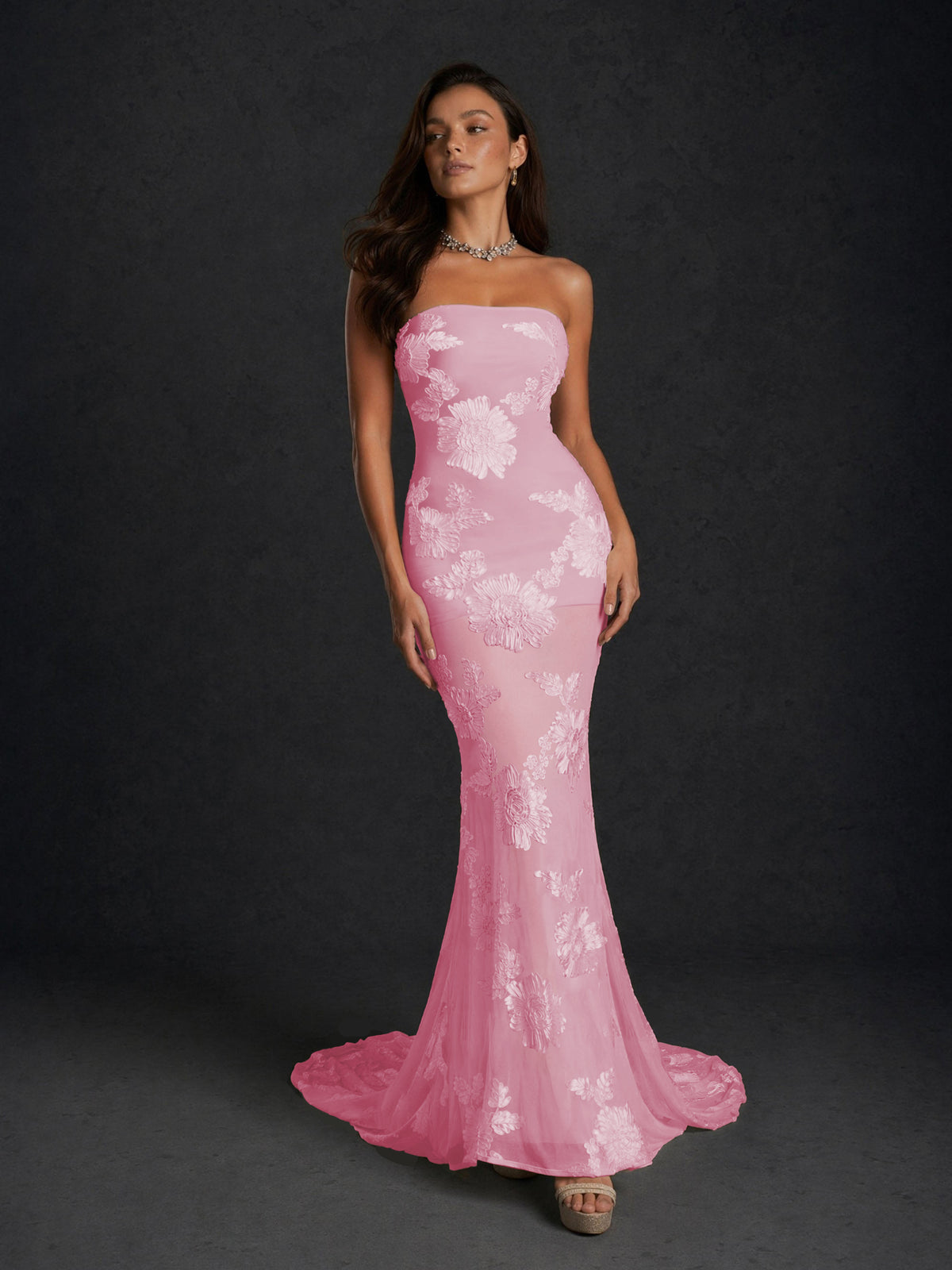 BOLODOO Blush Pink Champagne Gold Floral Sequin Embroidered Mesh Strapless Open Back Mermaid Maxi Dress with Train - Blush Pink
