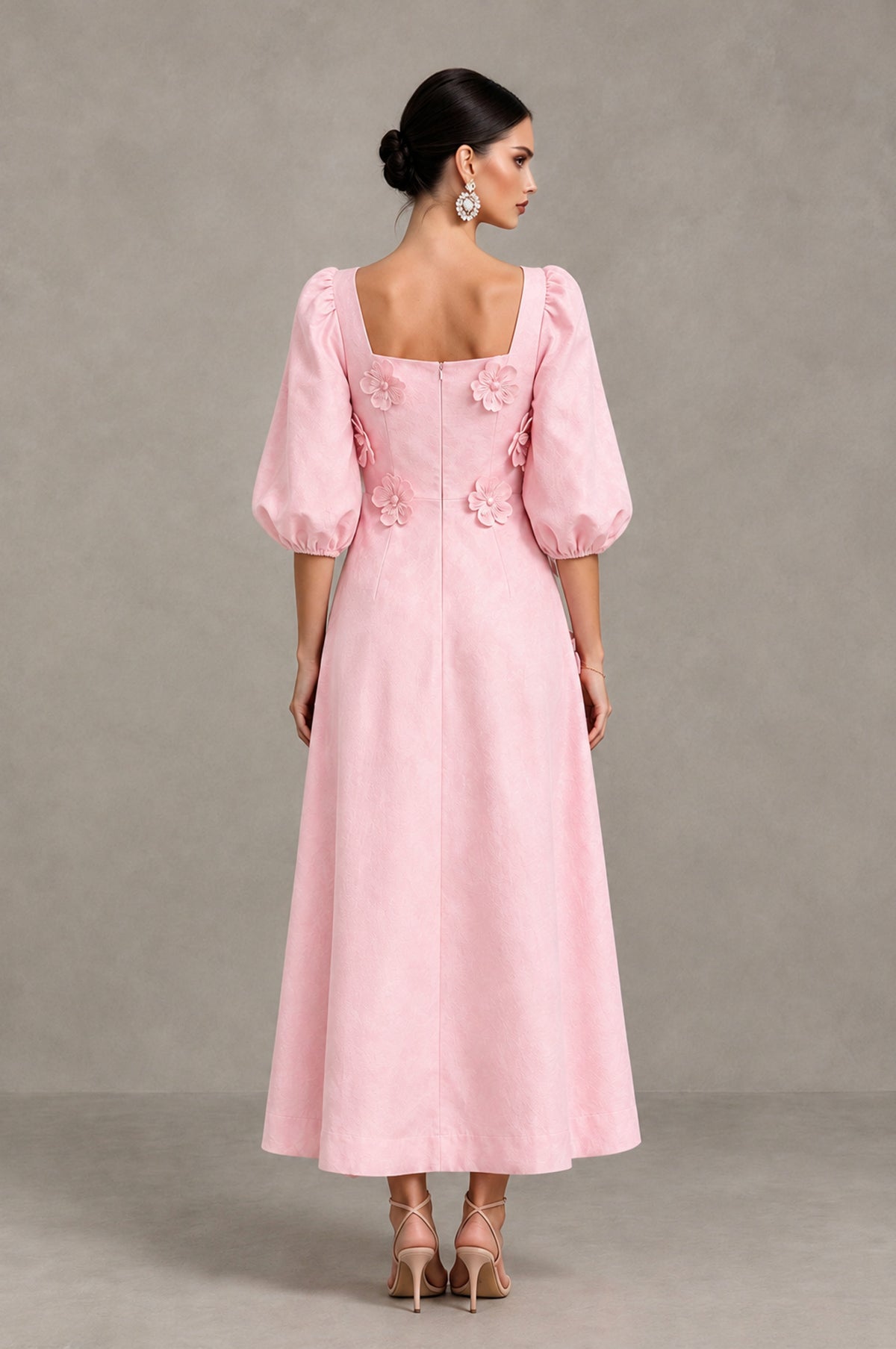 BOLODOO Blush Pink 3D Floral Puff Sleeve Midi Cocktail Dress - Blush Pink - Blush Pink_2