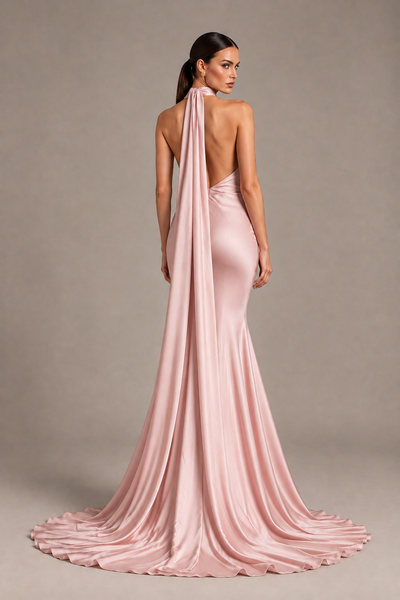 BOLODOO Blush Pink One-Shoulder Satin Mermaid Evening Dress with Scarf - Blush Pink - Blush Pink_2